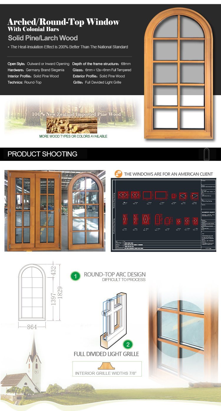 Arched/Round Top Window with Colonial Bars, Imported Solid Pine Wood Window, Ultra Large Special Shape Wood Window with Grille Design