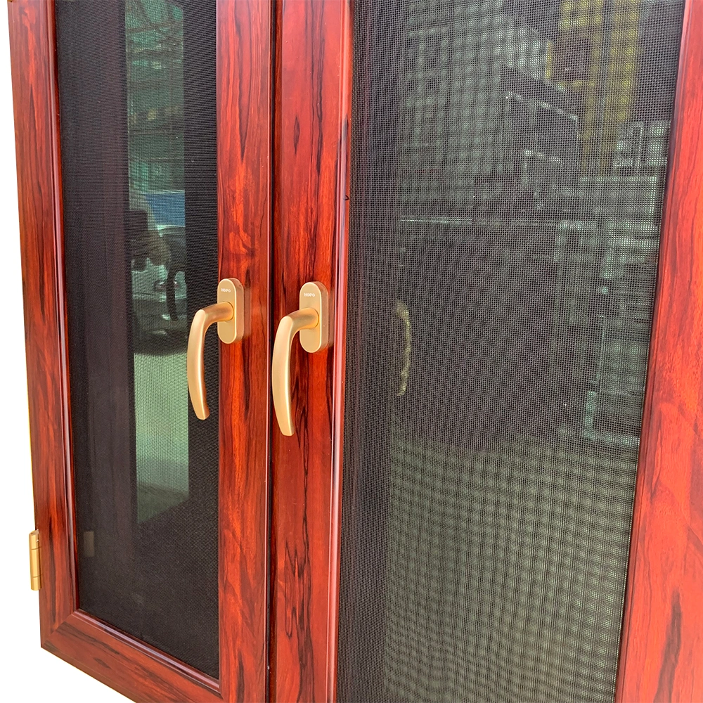 Wooden Color Aluminium Casement Window Double Tempered Insulation Tinted Glass with Flyscreen