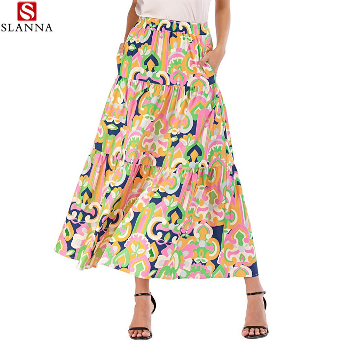 Causal Women Flower Print A-Line Long Skirts with Suspenders Top