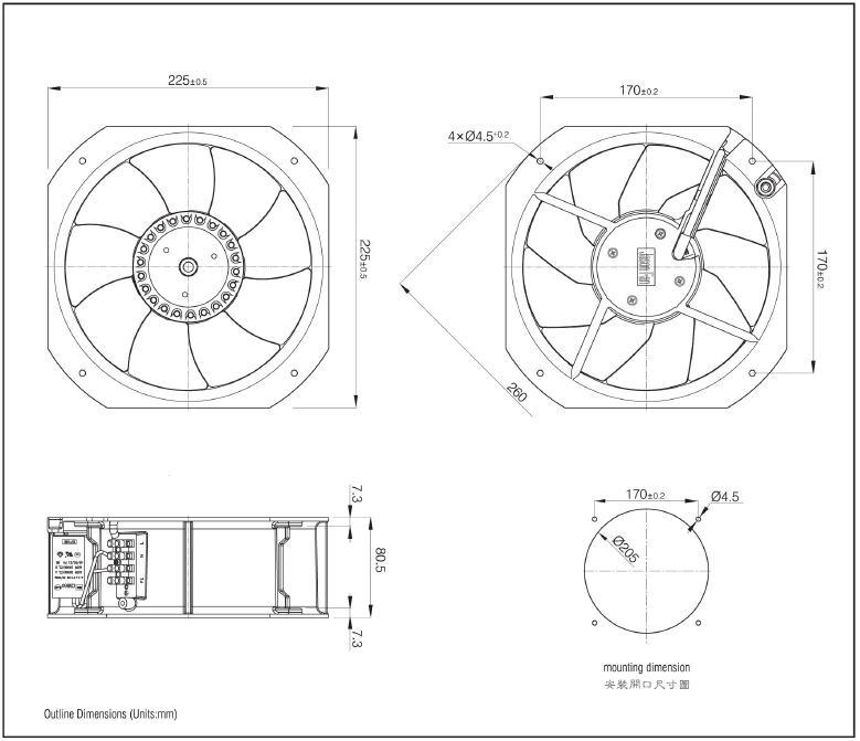 225*225*80 22580 AC 110 115V Cooling Axial Fan with 3 Multi Speed