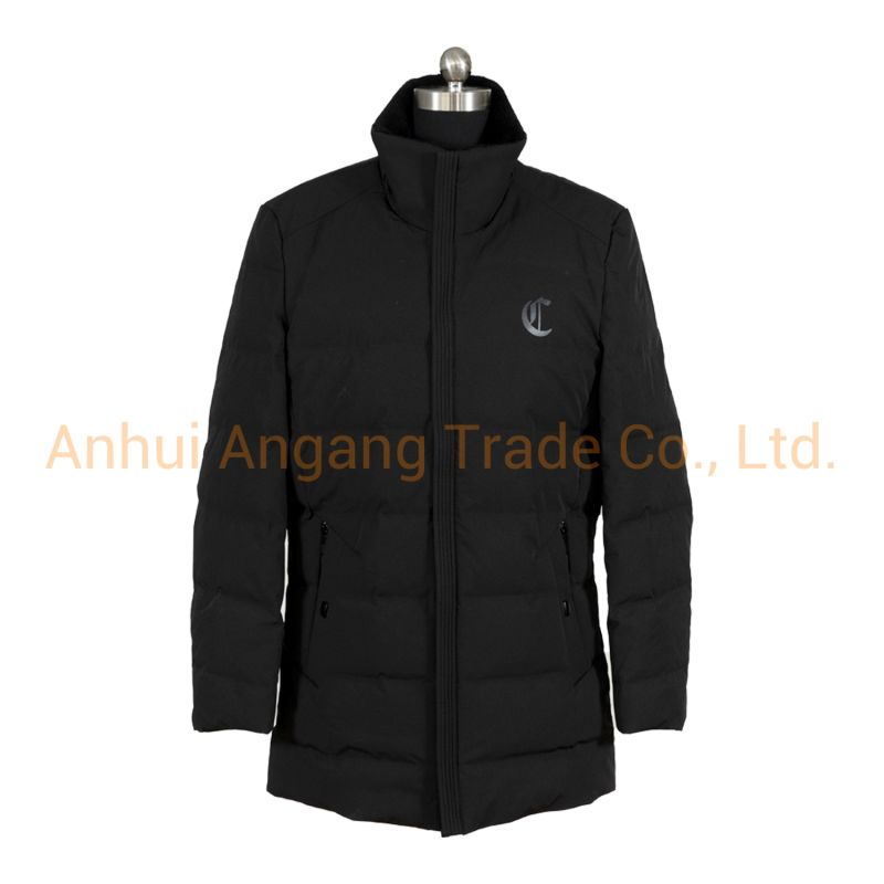 Black Long Cotton-Padded Jacket Long Vertical Collar Jacket for Men