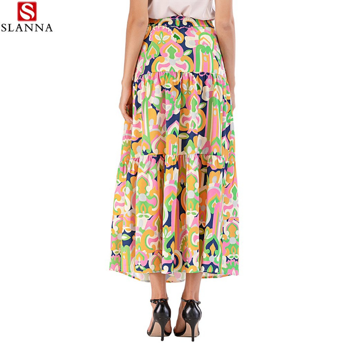 Causal Women Flower Print A-Line Long Skirts with Suspenders Top