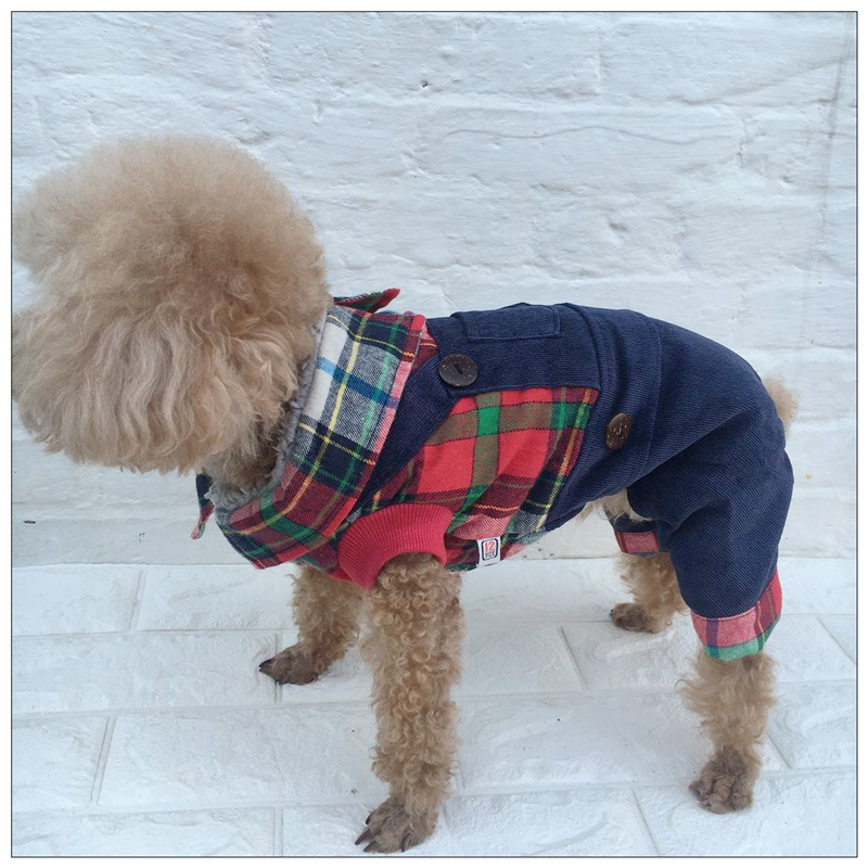 Red Lattice Denim Four-Legged Dog Cotton Coat Pet Clothes Autumn and Winter Clothing