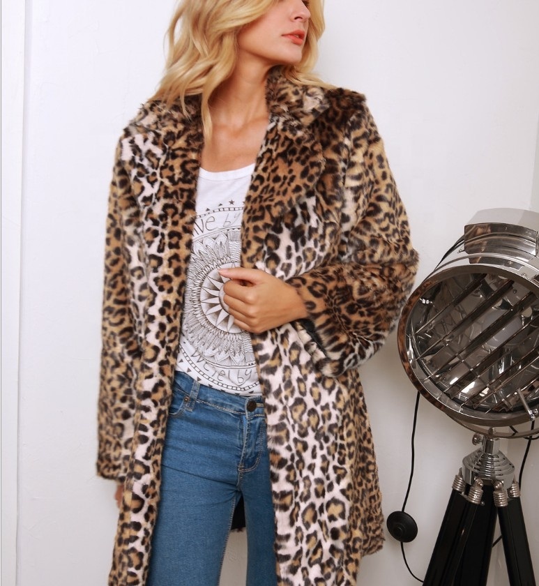 Wholesale High Quality Women Warm Long Sleeve Faux Fur Coat Overcoat Leopard Fluffy Top Jacket