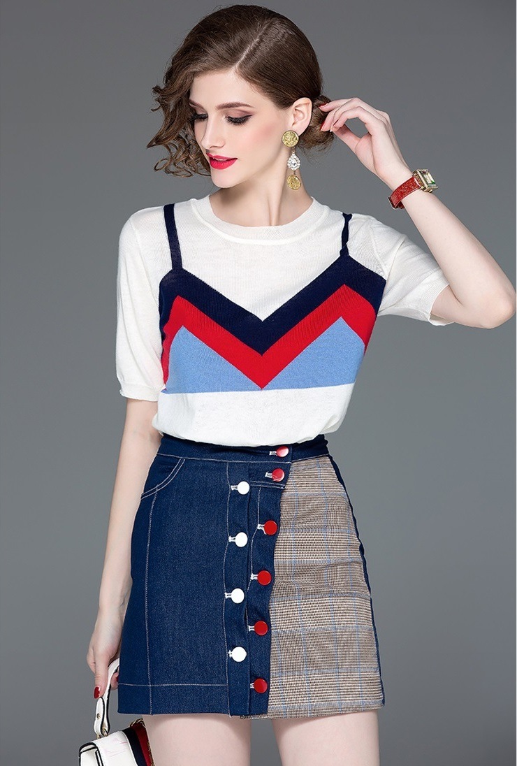 Fashion High-Waisted One-Step Dress Set with Suspenders Knit Top and Skirt Two Sets of Skirts