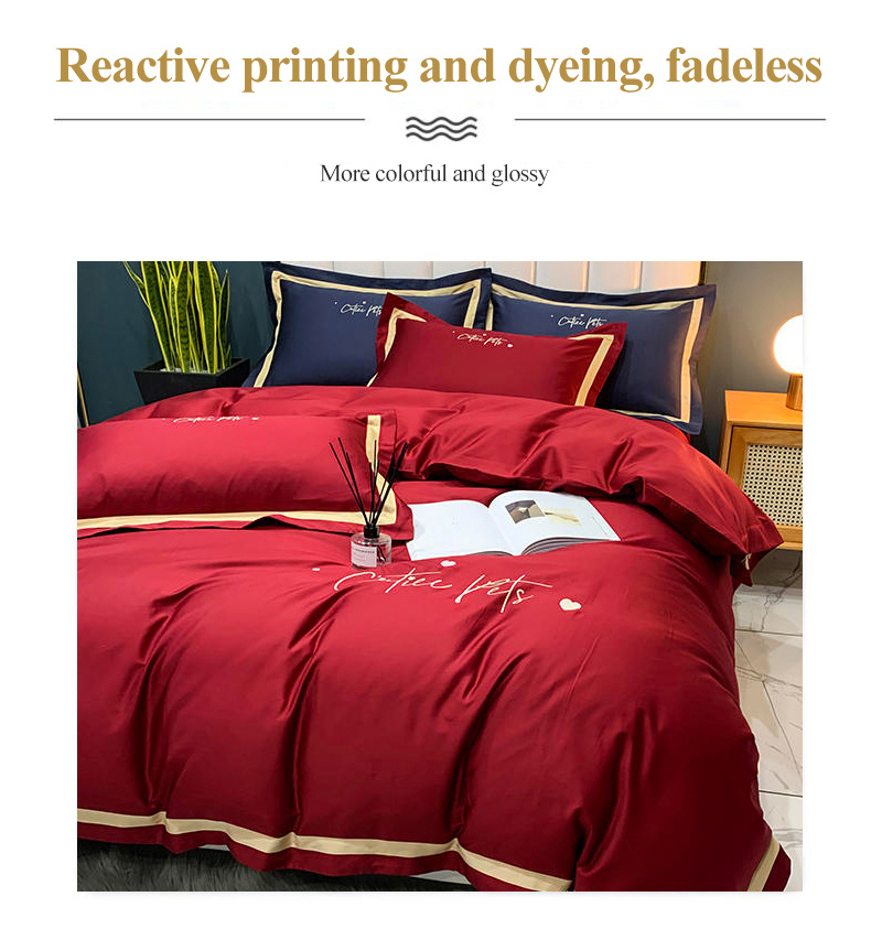 Luxury Home Textile Deluxe Sleep 100% Cotton Bedsheet Red 4PCS