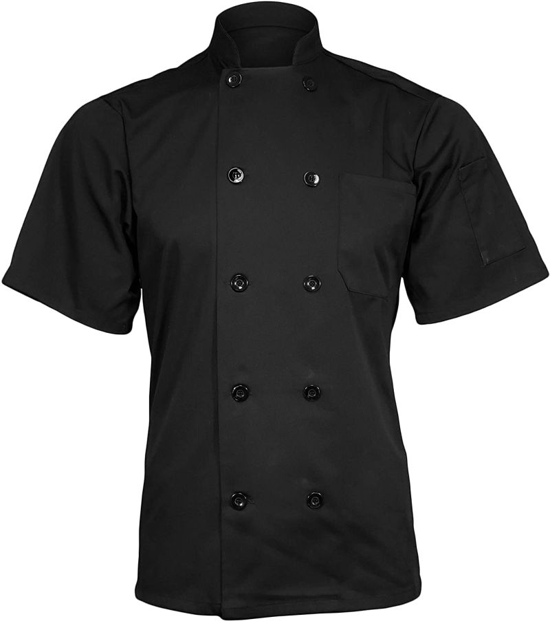 Chefscloset Unisex Short Sleeve Button Black Chef Jacket Large Chef Coat