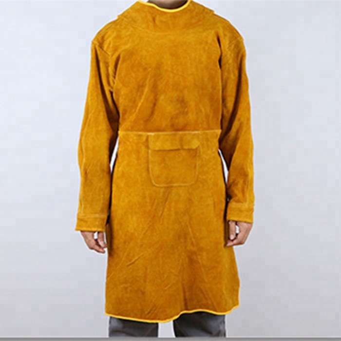Leather Welding Apron with Sleeves Flame Resistant Cowhide Long Apron Safety Clothing for Welders