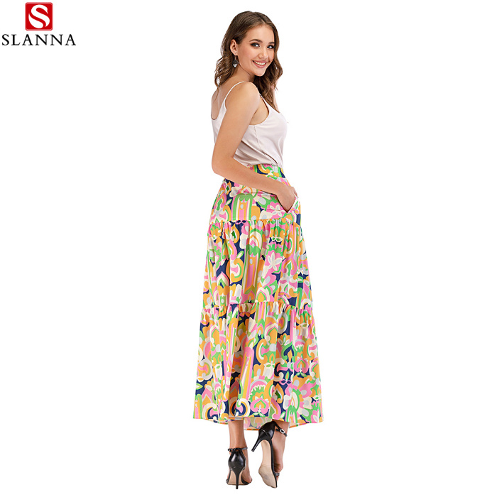 Causal Women Flower Print A-Line Long Skirts with Suspenders Top