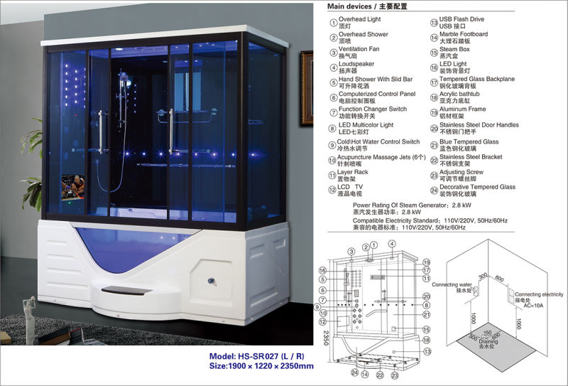 European Style Luxury Deluxe Hydro Massage Steam Shower with Bathtub