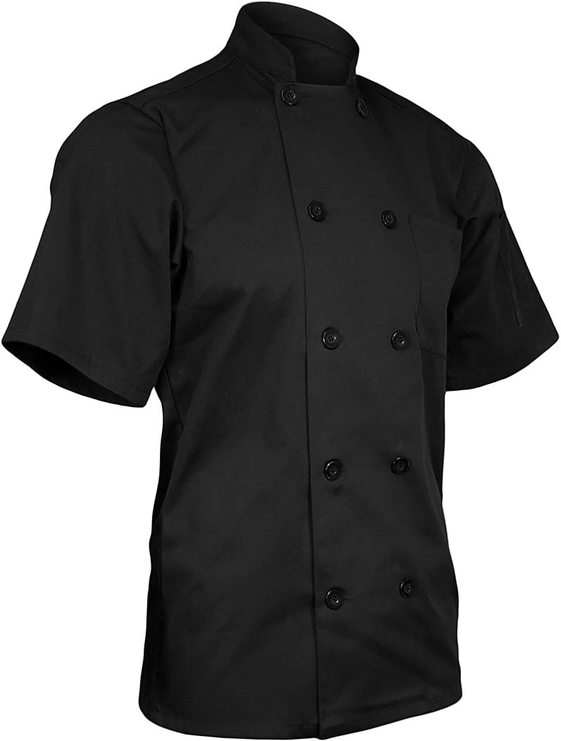Chefscloset Unisex Short Sleeve Button Black Chef Jacket Large Chef Coat