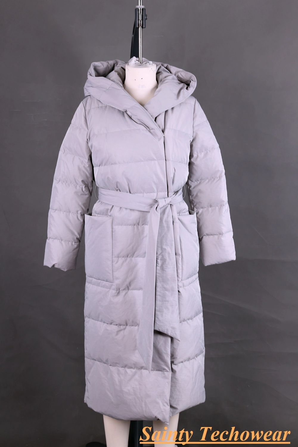 Ladies' Waist Belt and Patch Pocket Long Down Jacket
