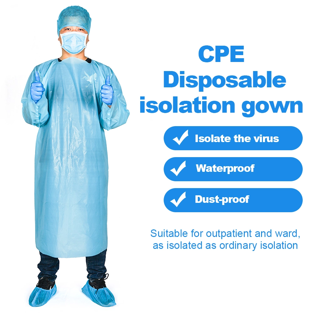 Disposable Isolation Gown Protection Suit Disposable Apron CPE Waterproof Apron Blue CPE Isolation Gowns with Thumb up