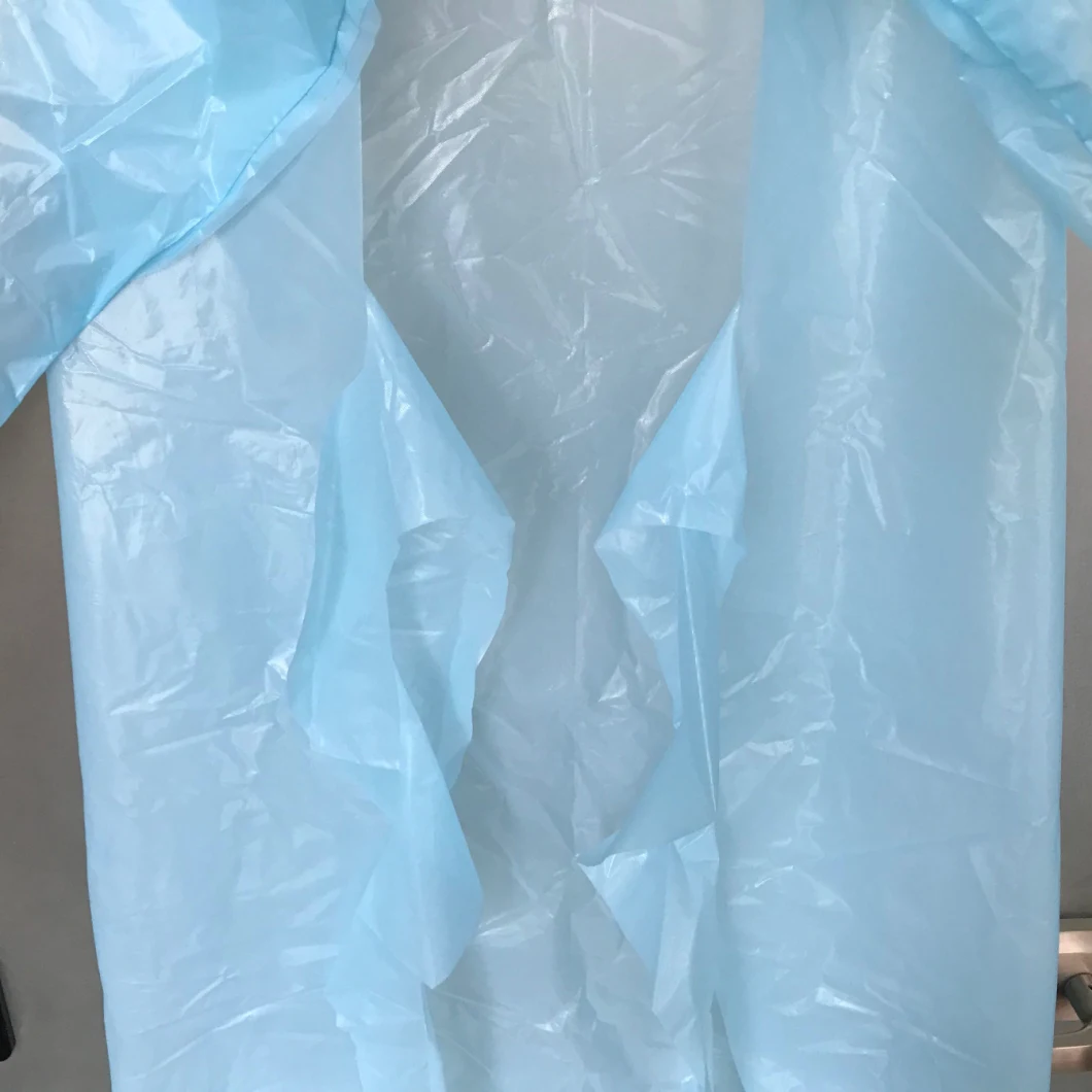 Blue Color Disposable Long to The Knee Water Proof Apron Long Sleeve Apron with Single Package