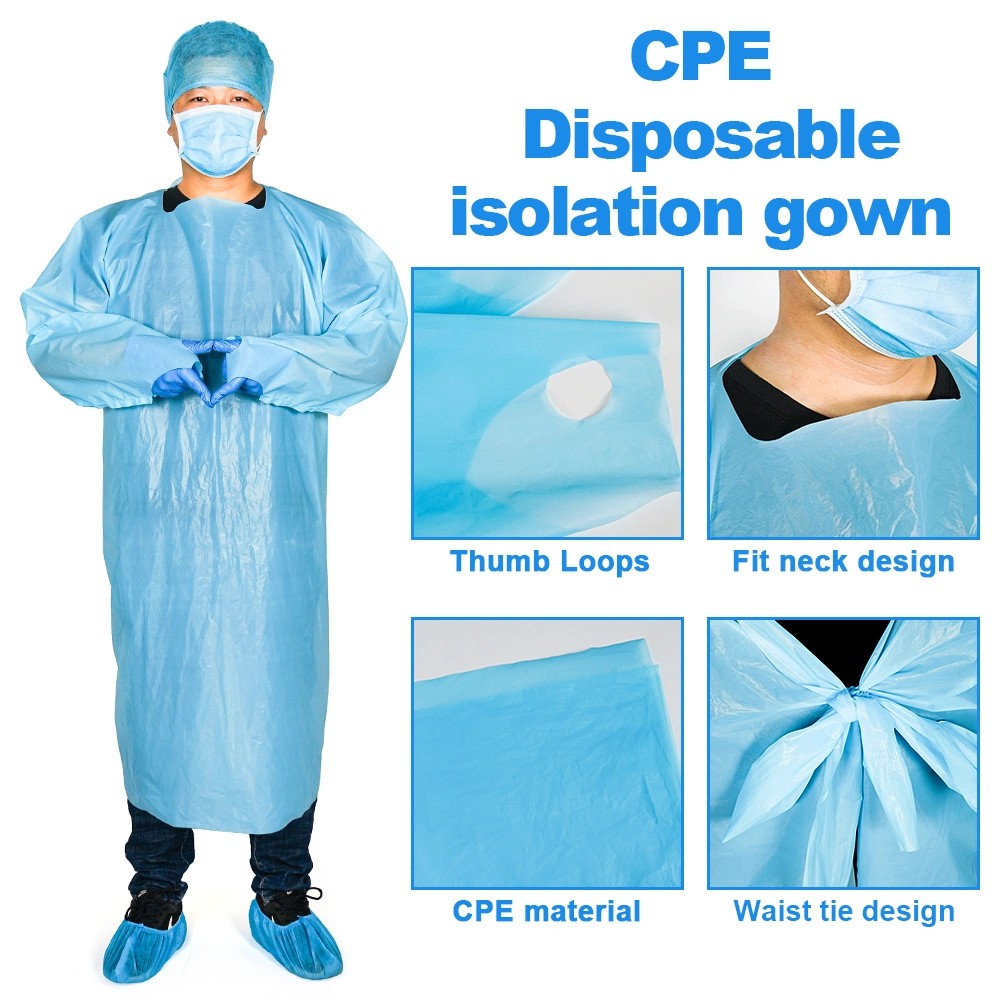 Disposable Medical Fluid Resistant CPE Gown Disposable Apron Gown Long Sleeve Waterproof CPE Apron Gown Waterproof Apron Anti-Dust Suit Thumb Loop Blue Gown