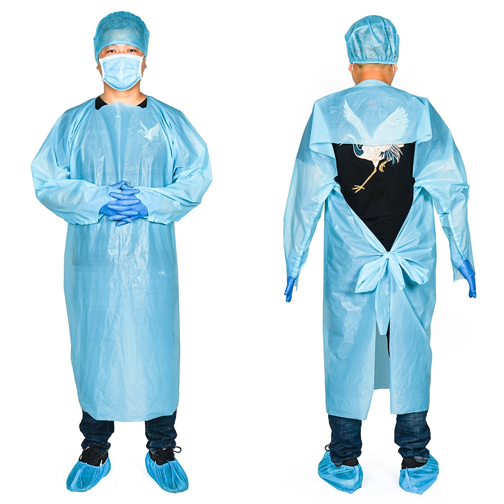 Disposable Medical Fluid Resistant CPE Gown Disposable Apron Gown Long Sleeve Waterproof CPE Apron Gown Waterproof Apron Anti-Dust Suit Thumb Loop Blue Gown