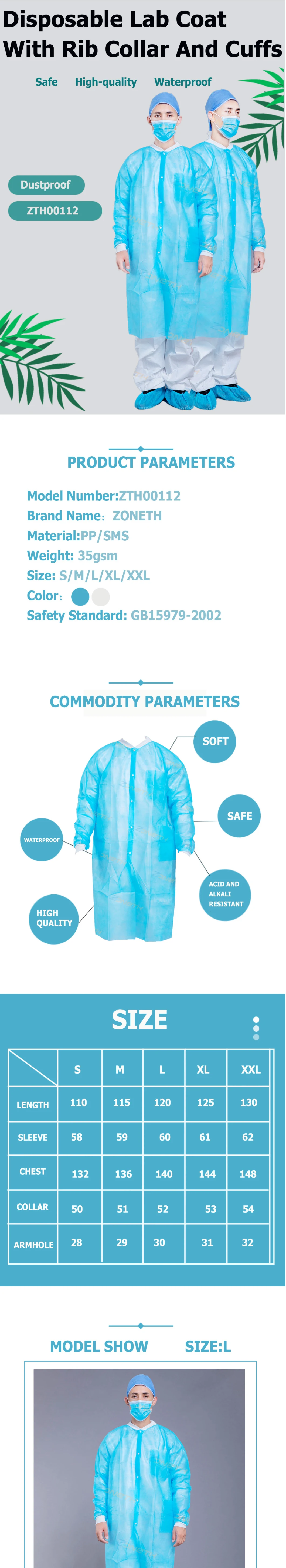 35GSM Disposable SMS Nonwoven Lab Coat Visiting Coat Gown Knitted Collar and Cuff for Laboratory Working Clothes