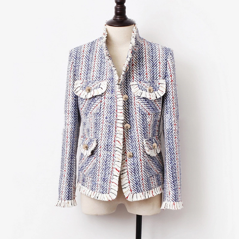 Custom Design Blue White Striped Knitted Coat Tassel Tweed Jacket