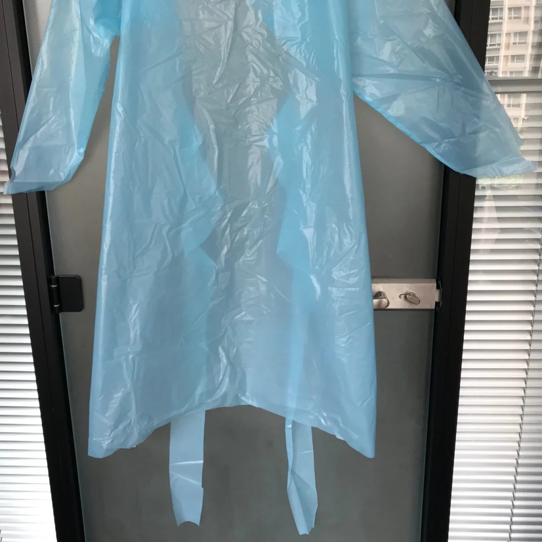 Blue Color Disposable Long to The Knee Water Proof Apron Long Sleeve Apron with Single Package