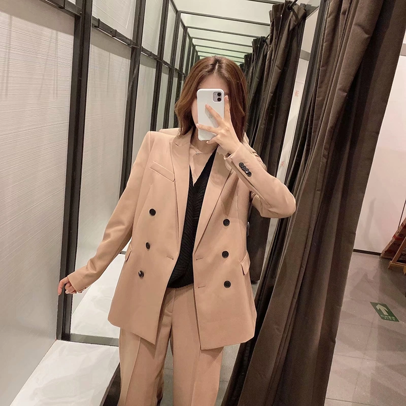 Women Office Suit Euramerican Style Double Breasted Suit Jacket with High Waist Straight Pants