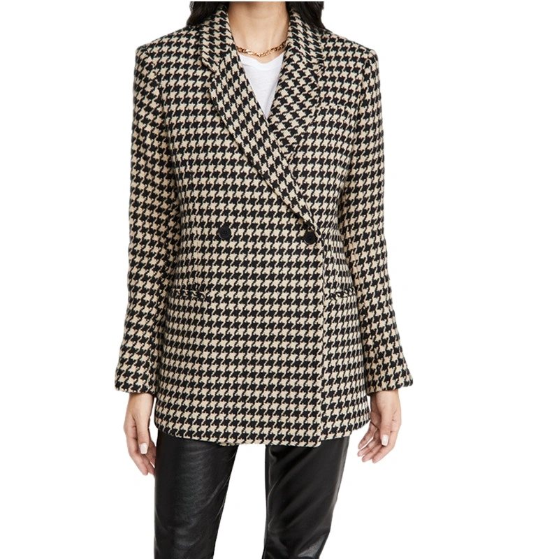 OEM Winter Thick Fashion Double-Breasted Houndstooth Print Jacquard Jacket Women Coat
