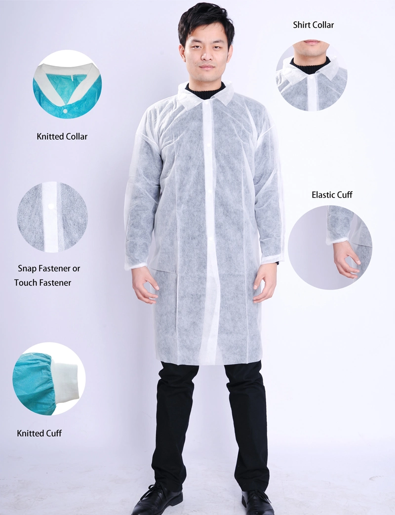 White SMS Disposable Lab Coat/Jacket Knit Collar Hot Selling