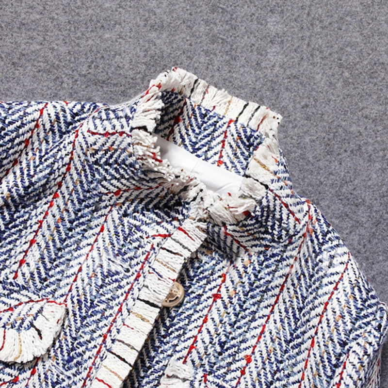 Custom Design Blue White Striped Knitted Coat Tassel Tweed Jacket