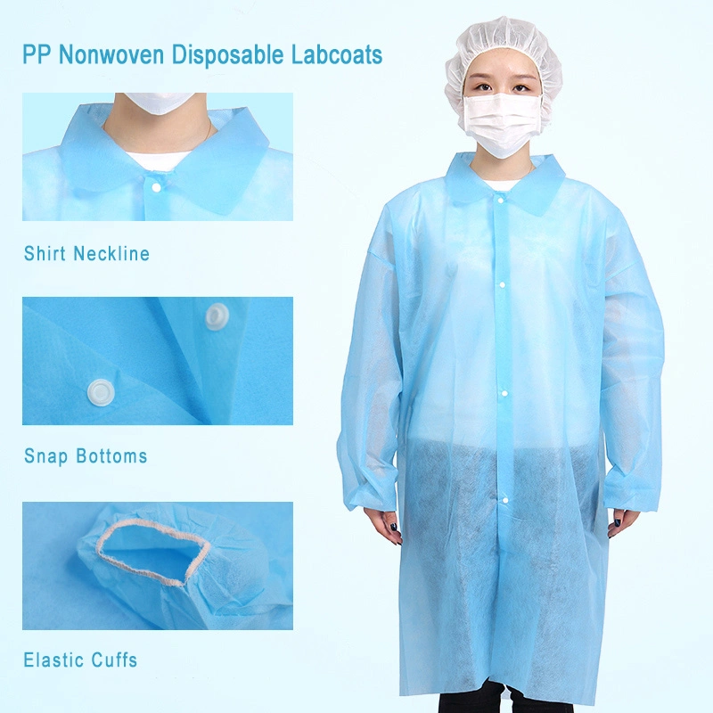 PP Non Woven Disposable Lab Coat with Elastic Cuffs, Snaps for Working Clothes