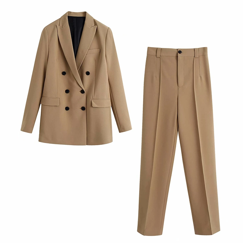 Women Office Suit Euramerican Style Double Breasted Suit Jacket with High Waist Straight Pants