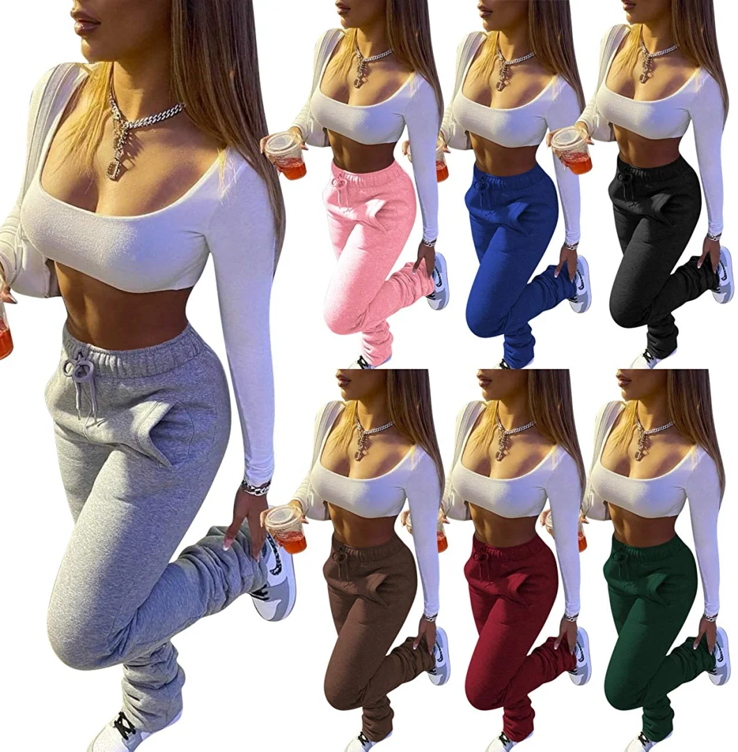 New Fashion Cotton Fabric Streetwear Girl Stacked Sweatpants High Waist Wide Leg Stack Trousers