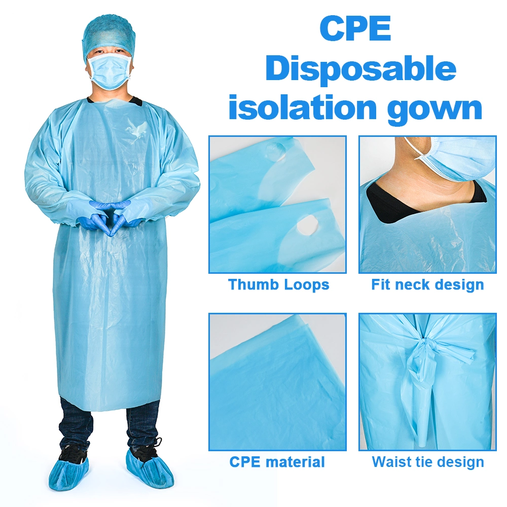 CPE Isolation Gown Disposable Aprons Gowns Protective Isolation Aprons Protective Non Sterile Disposable CPE Isolation Apron with Thumb Hook