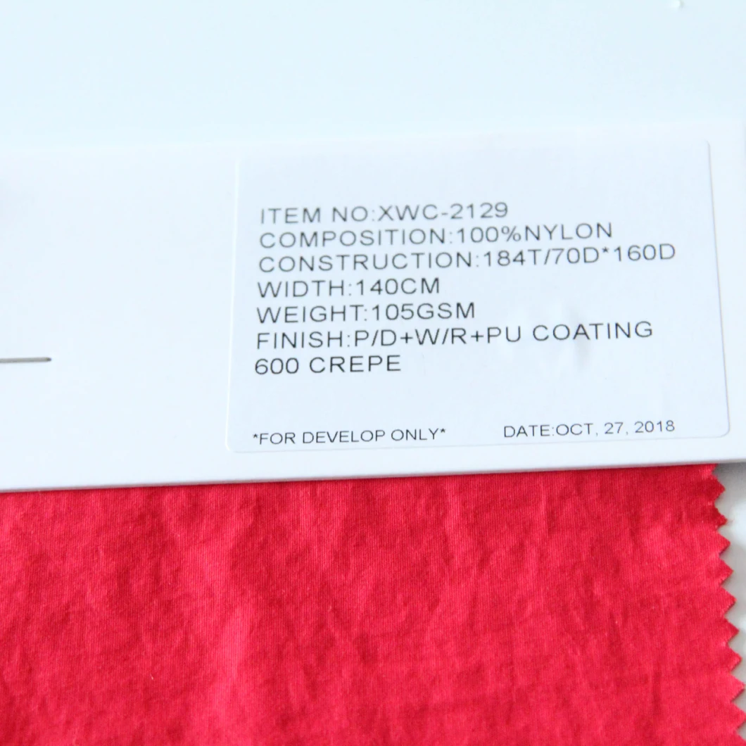 Waterproof and PU Coating 70d Nylon Woven Red Crepe Fabric for Jackets/Shell/Down/Parka/Uniform