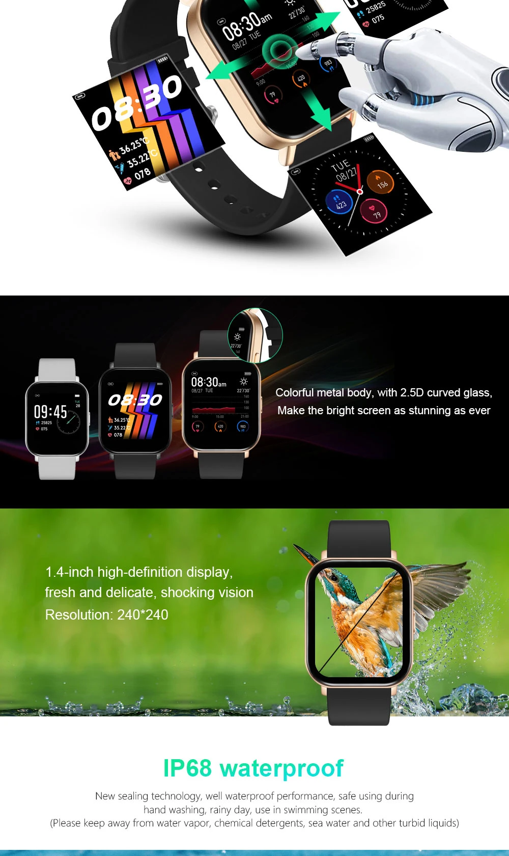 Body Temperature Smart Watch with Blood Pressure and Heart Rate