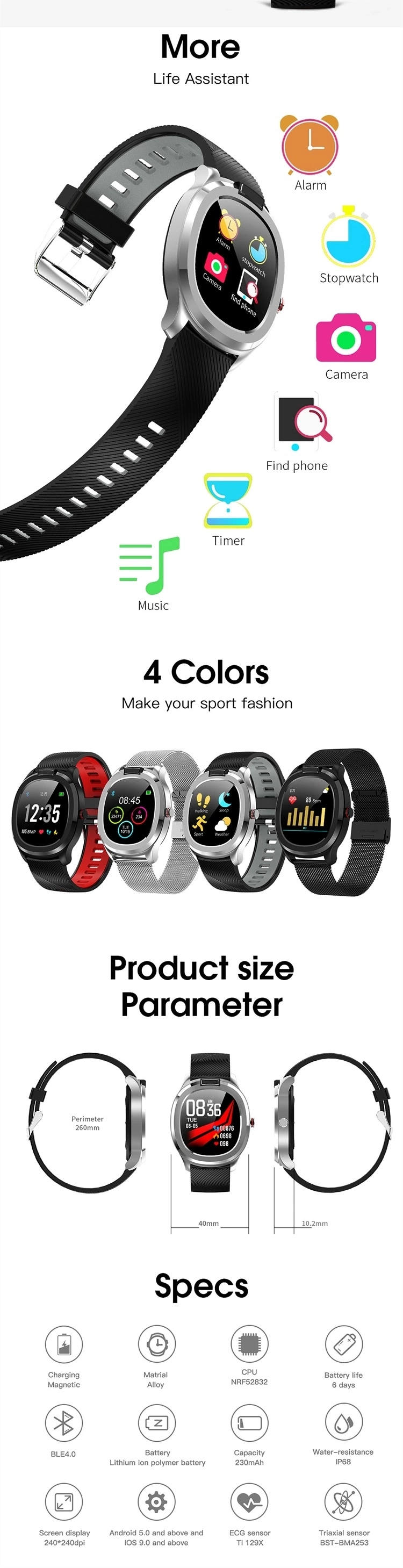 T01 Smart Watches with Body Temperature Measurement Blood Pressure Monitoring IP68 Waterproof Smartwatch