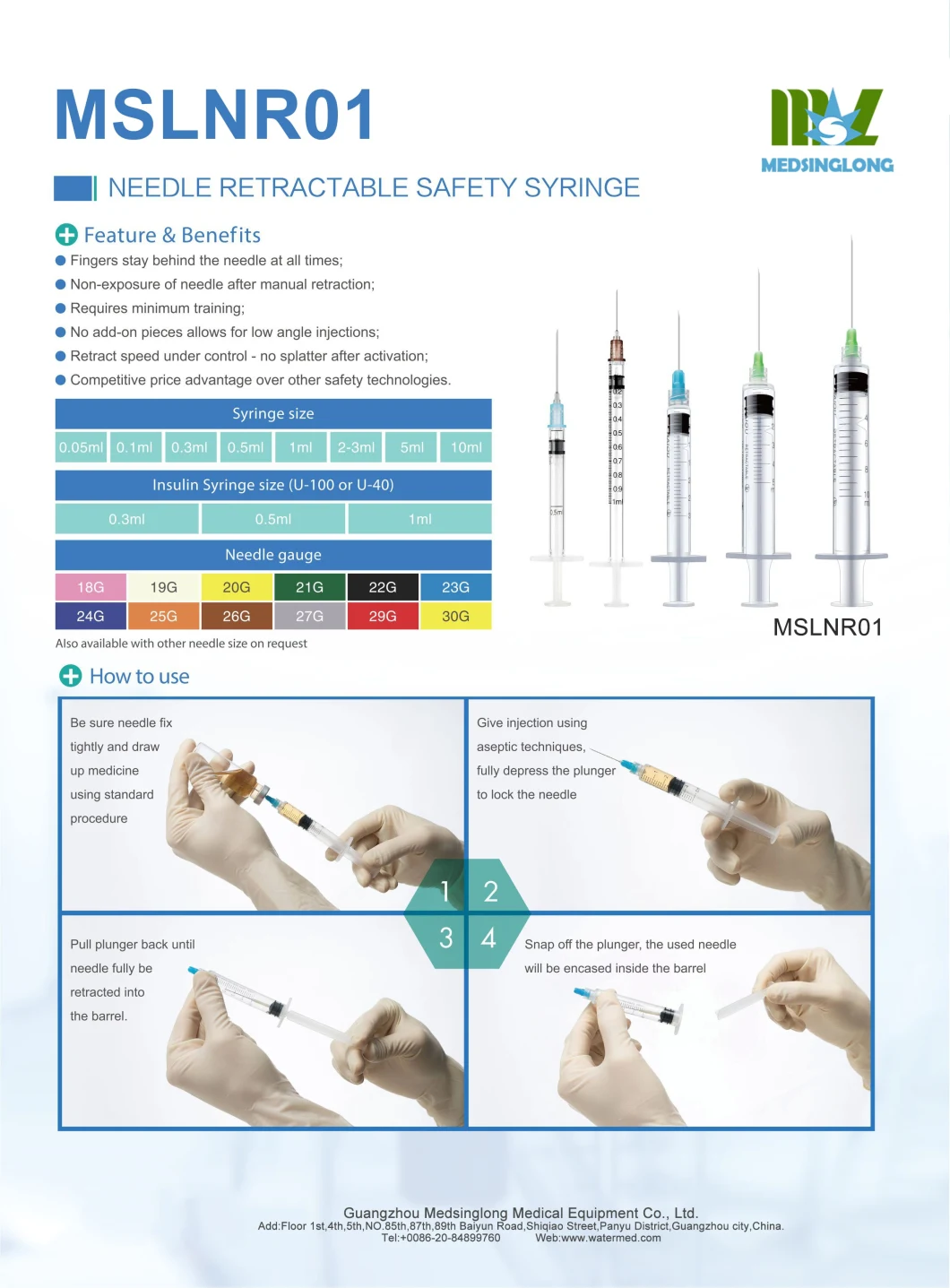 Factory Wholesale Price Needle Retractable safety Medical Syringe for Vaccine Injection Mslnr01