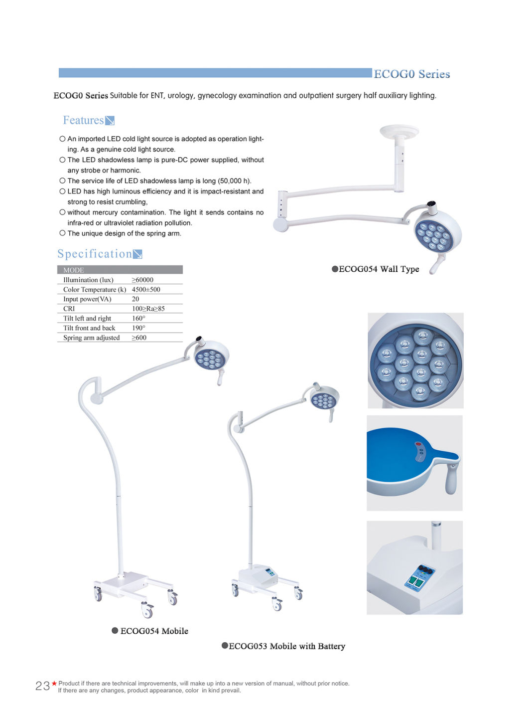 Medical LED Operation Lamp Medical Mobile Examination Light with Battery Ecog053