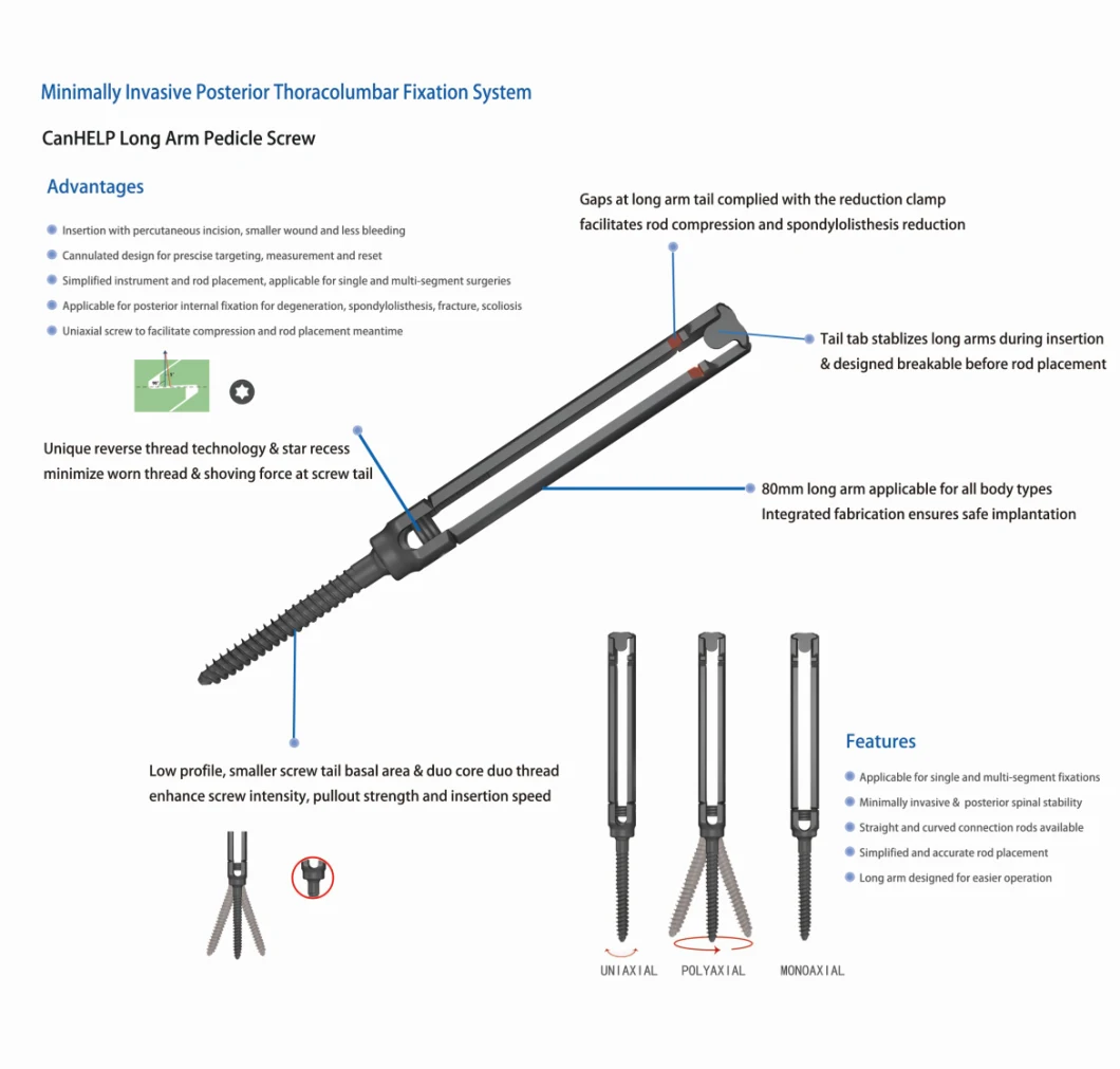 Minimally Invasive Long Arm Percutaneous Pedicle Screw, Orthopedic Implant, Titanium Pedicle Screw