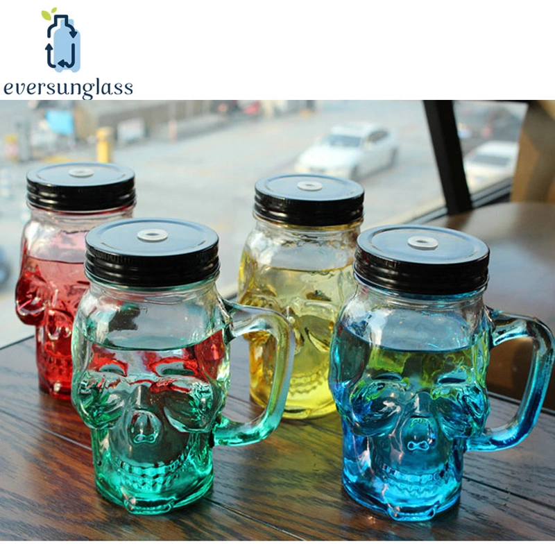High Quality Custom Made Gradient Skull Jars Crystal Skull Glass Mug Glass Jar with Handle