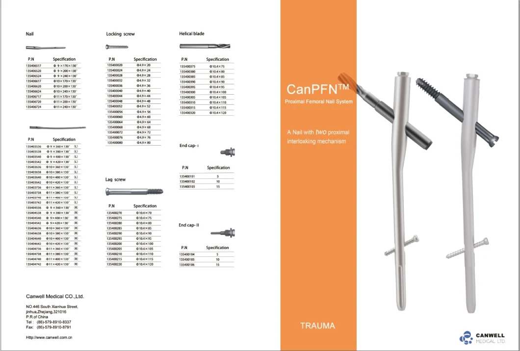 Canwell Orthopedic Intramedullary Femur Nail, Surgical Nail Implant and Instrument Medical