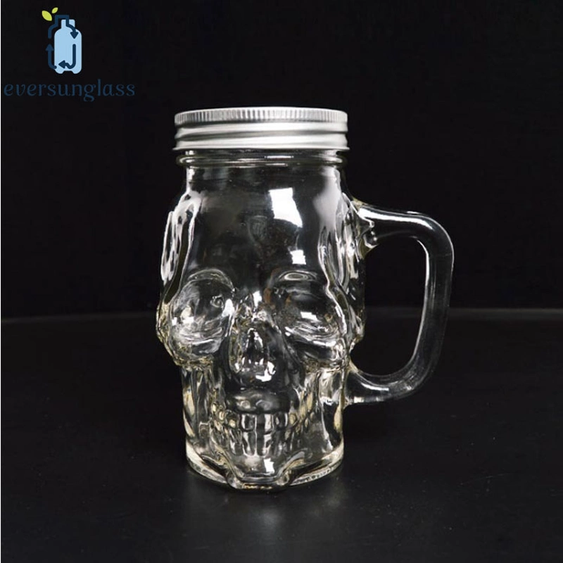 Skull Jars Crystal Skull Mason Jar Glass Mug with Handle and Straw Lid