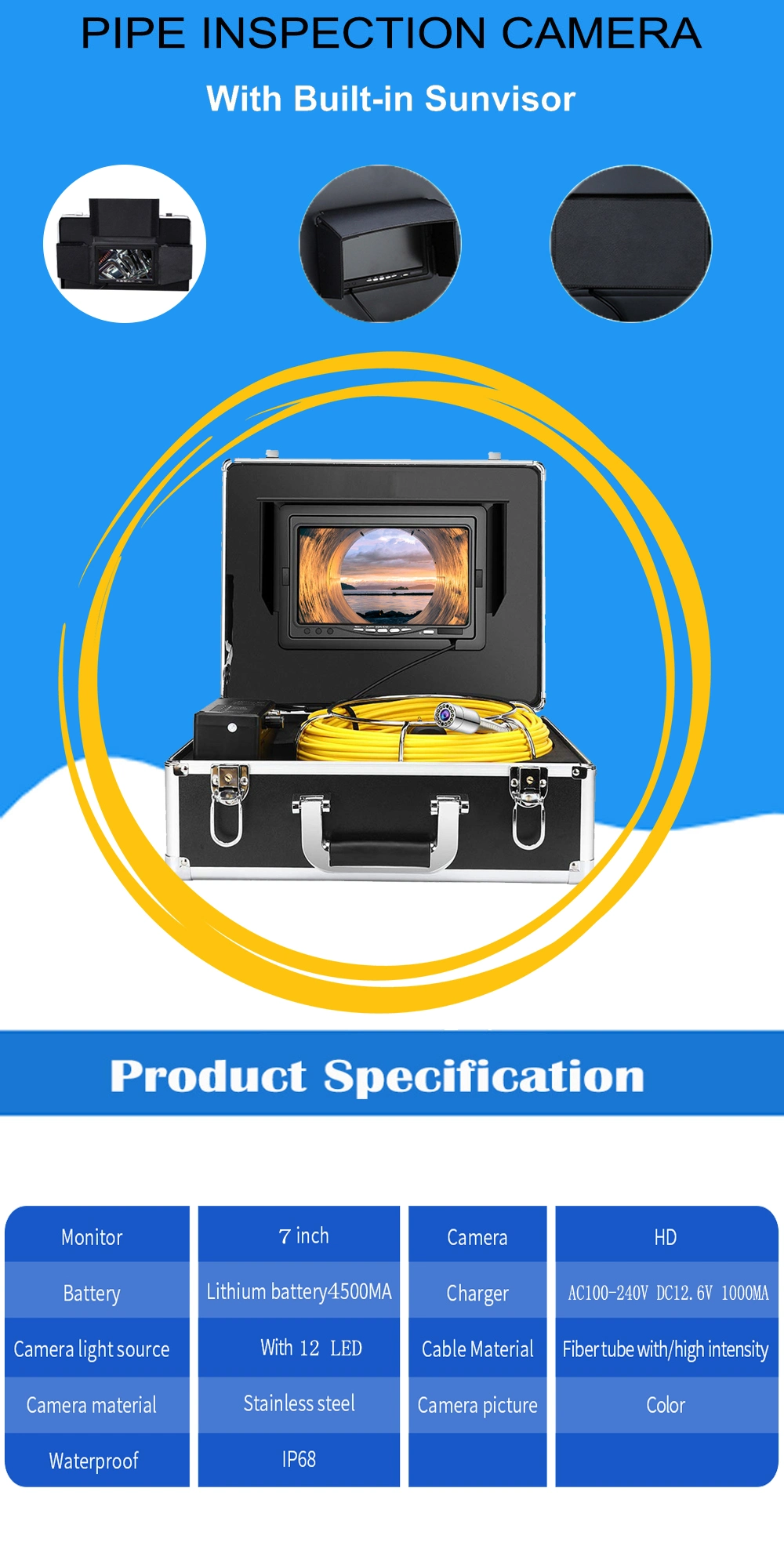 7inch Monitor 23mm Camera for Pipe Drain Sewer Plumbing Inspection System with Underground Pipeline
