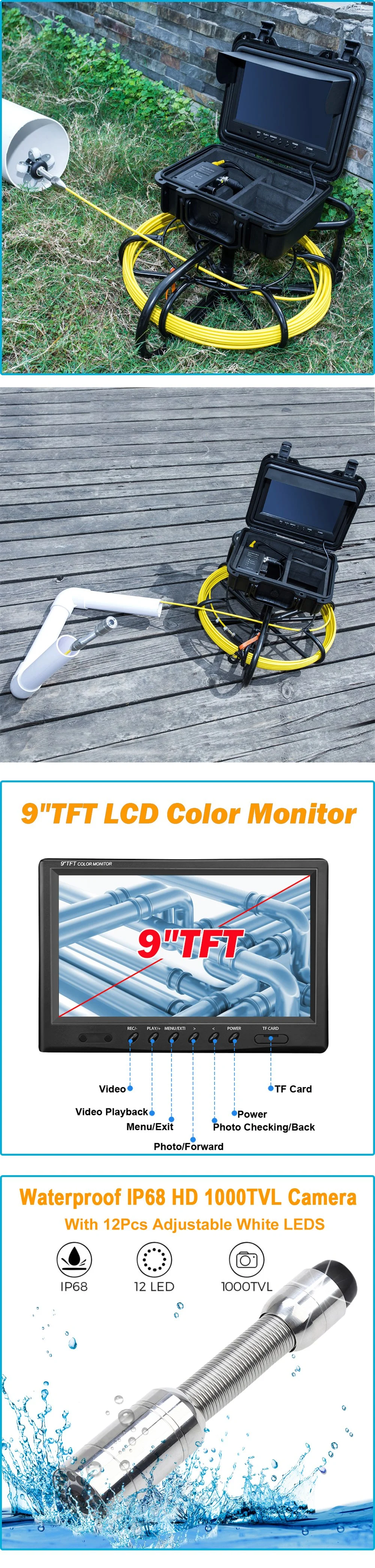 9inch TFT LCD Screen Pipeline Drain Sewer Inspection Video Camera 20m Cable Industrial Endoscope