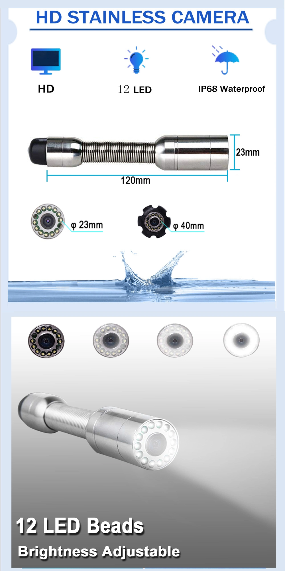 720p HD Pipe Sewer Drain Inspection with 23mm Endoscope Pipeline Camera