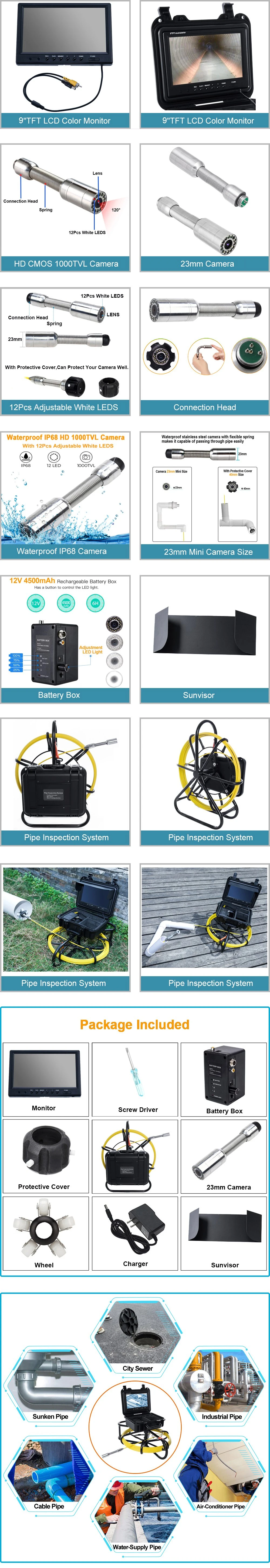 23mm Drain /Sewer/ Pipeline Industrial Endoscope Camera with DVR 9inch Monitor 20m Cable for Inspection