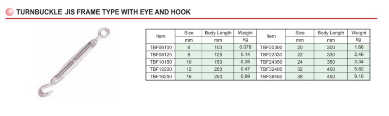 JIS Frame Type Turnbuckles with Eye & Hook, Hook & Hook