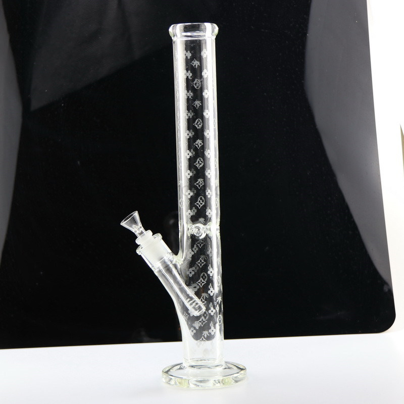 Sandblasting Logo Straight Cylinder Glass Water Pipe with Ice Pincher