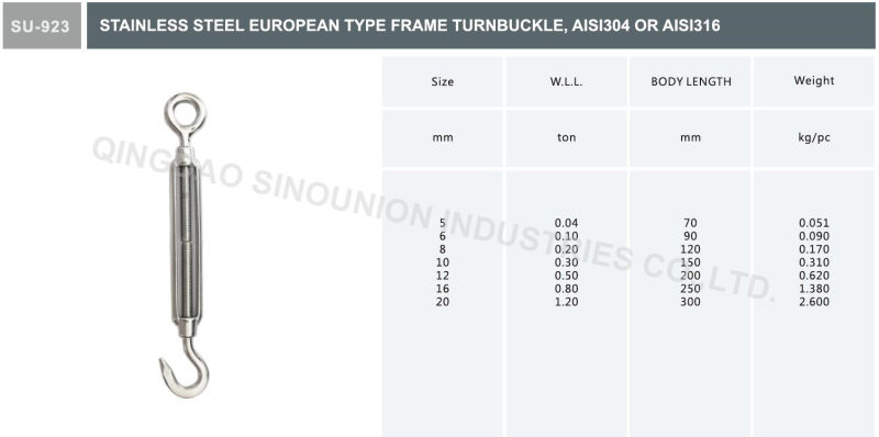 Stainless Steel European Type Turnbuckle with Hook&Eye Eye&Eye Hook&Eye AISI304 AISI316