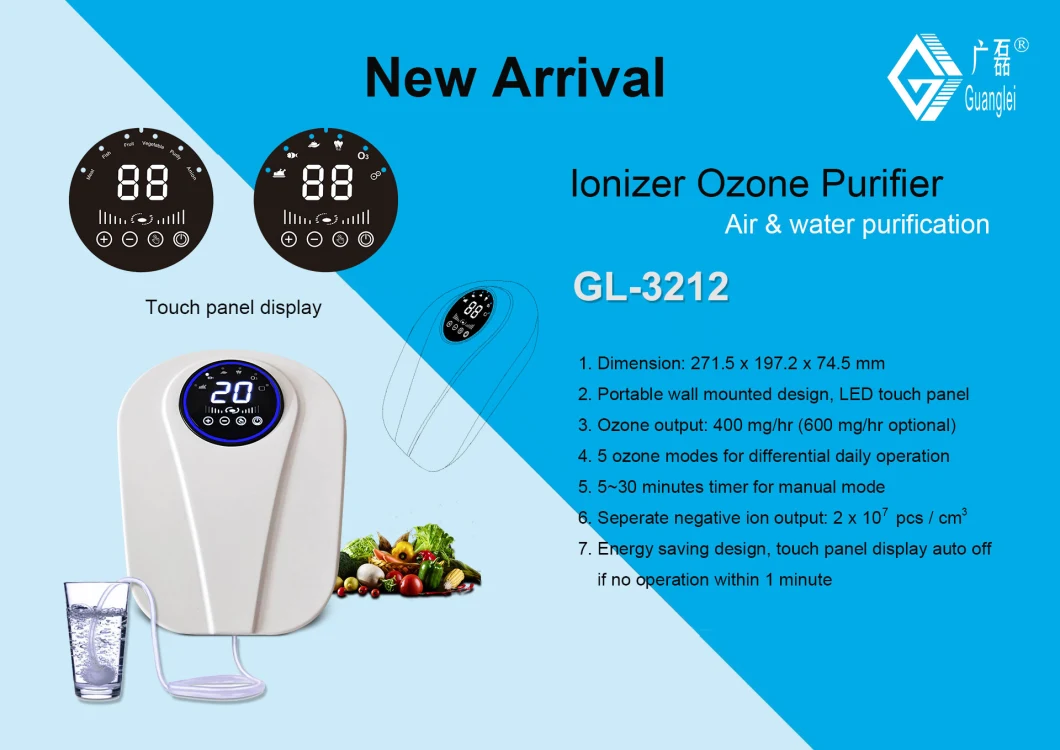 2021 Brand New Model Gl-3212 LED Panel Portable Ozone Negetive Ion Generator Water Air Purifier