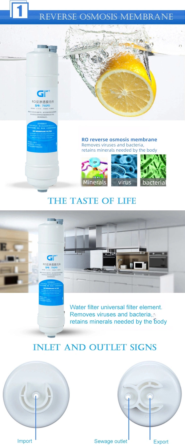 Reverse Osmosis Water Filter Quick Connect RO Filtration for Domaestic RO Water Purifier
