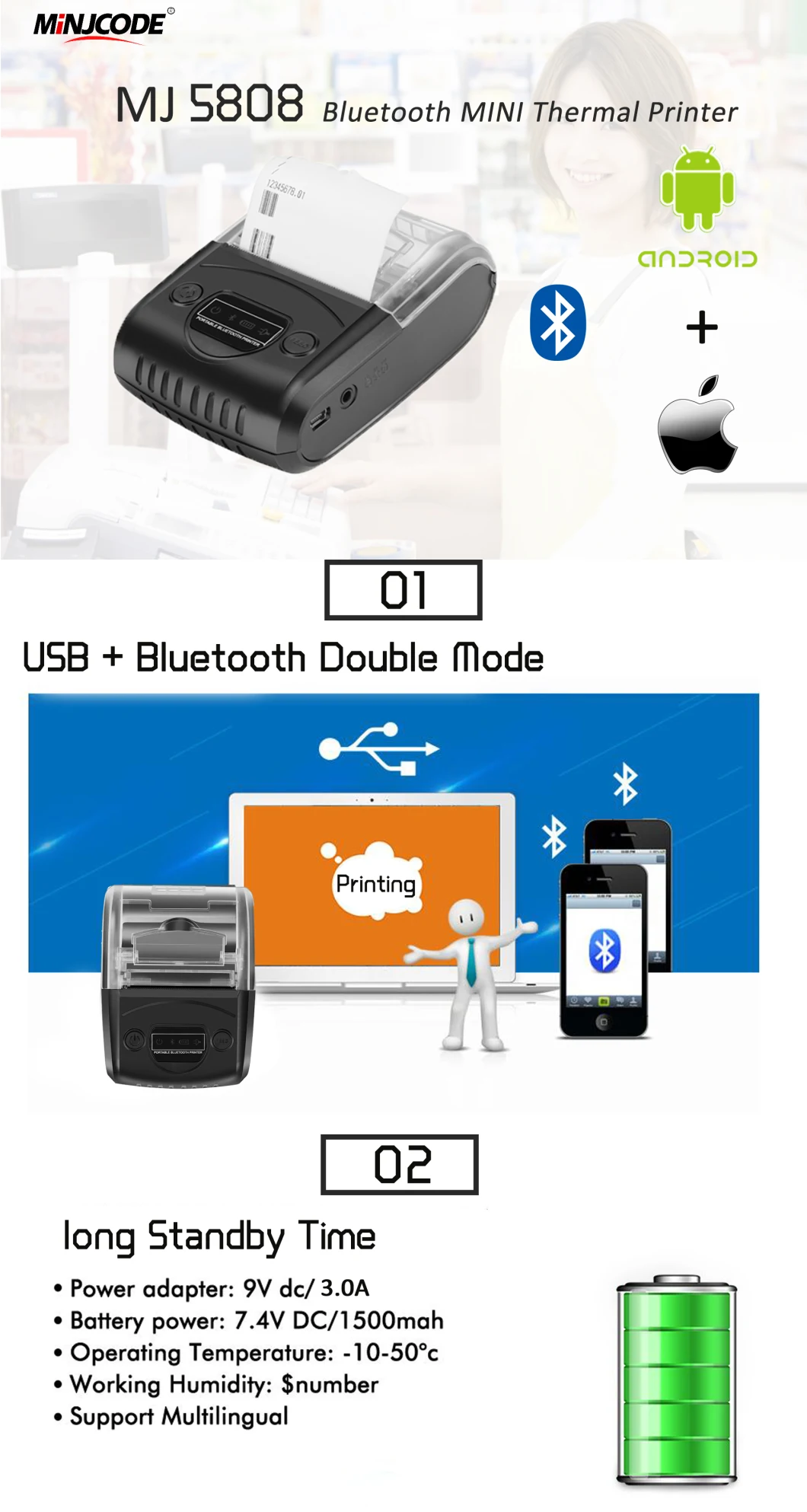 Bluetooth Mobile 58mm Thermal Receipt Printer, Portable Bluetooth & USB Label Receipt Printer, Support Android & Ios, Mj5808